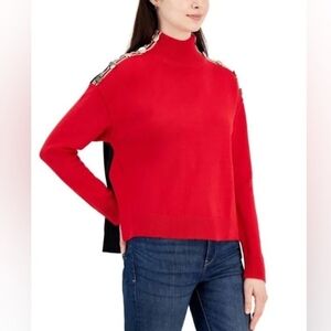 Tommy Hilfiger Womens Colorblock Mock-Neck Sweater In Scarlet And Sky Captain